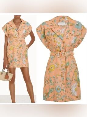Zimmermann Peach Floral Belted Mini Dress